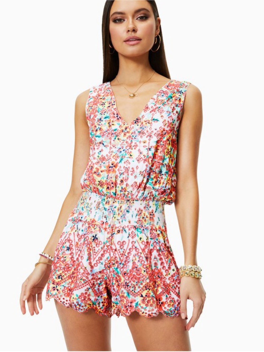 Ramy Brook Pink Multi Floral V-Neck Smocked Romper